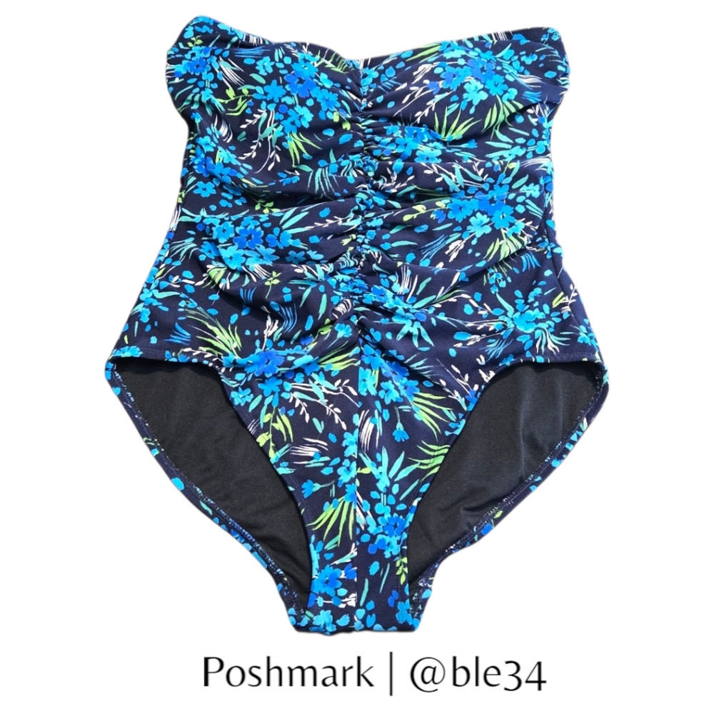 Vintage Gabar Strapless One Piece Blue Floral Swimsuit SZ 12